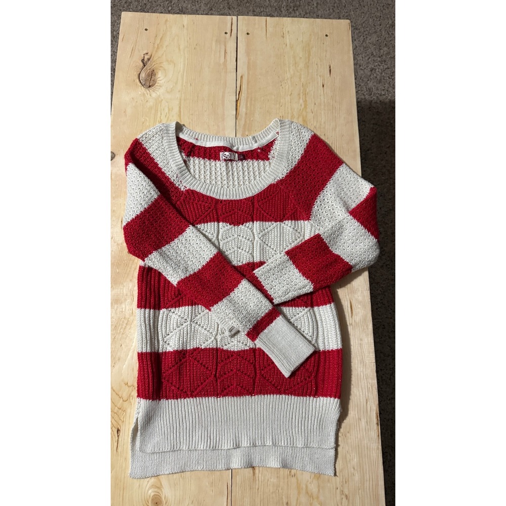 SO Red White Striped Metallic Cable Knit Scoop Neck Sweater‎ Womens Large L
